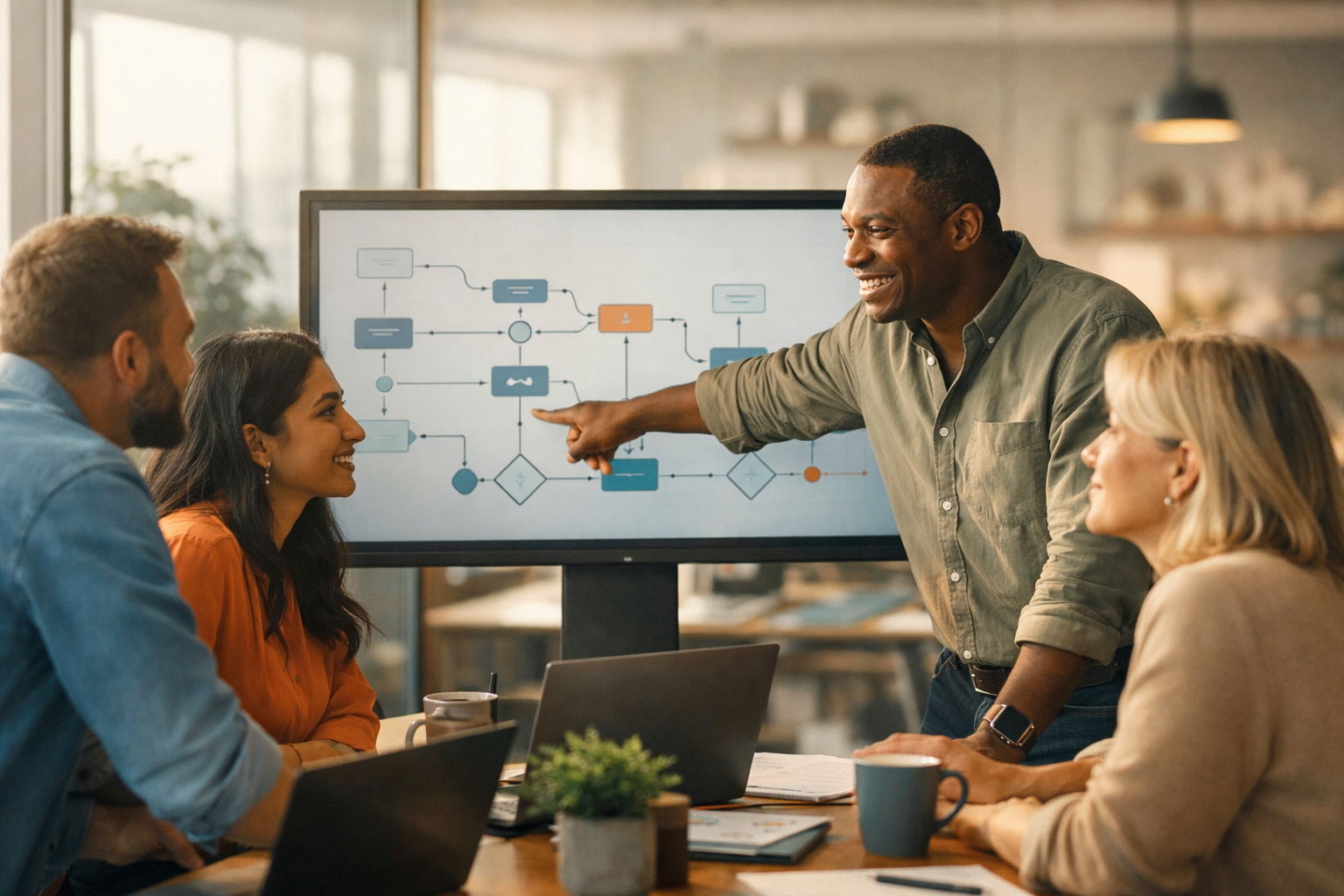 Team discussing an operating model workflow on a shared screen.