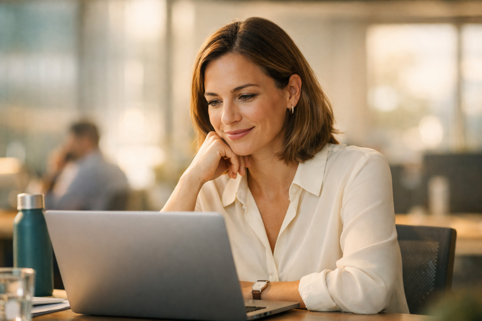 Professional reading an important message at a laptop in a warm office setting.