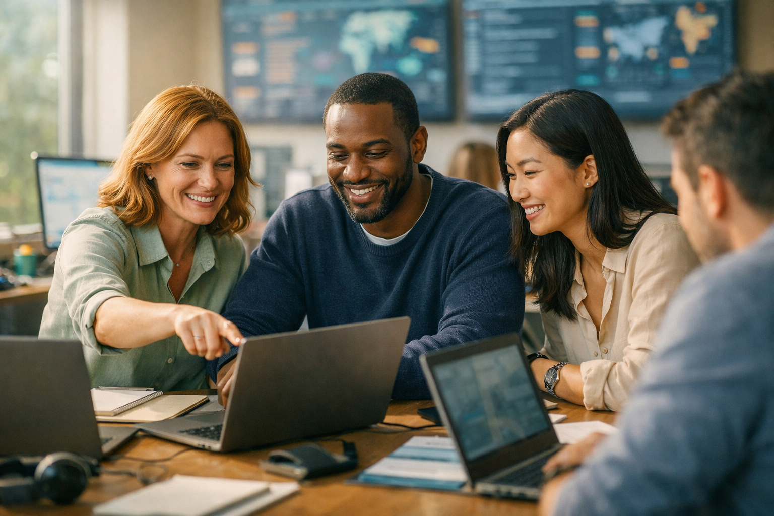 A shared-service team triaging incoming work in a bright operations room, multiple laptops, calm focus, no readable screens.