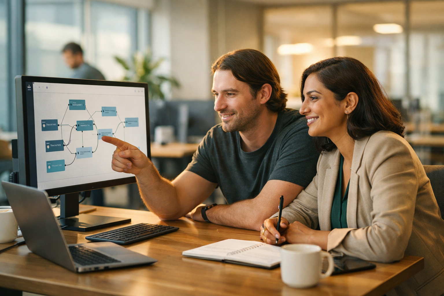 Developer and business architect designing an AI agent workflow together.